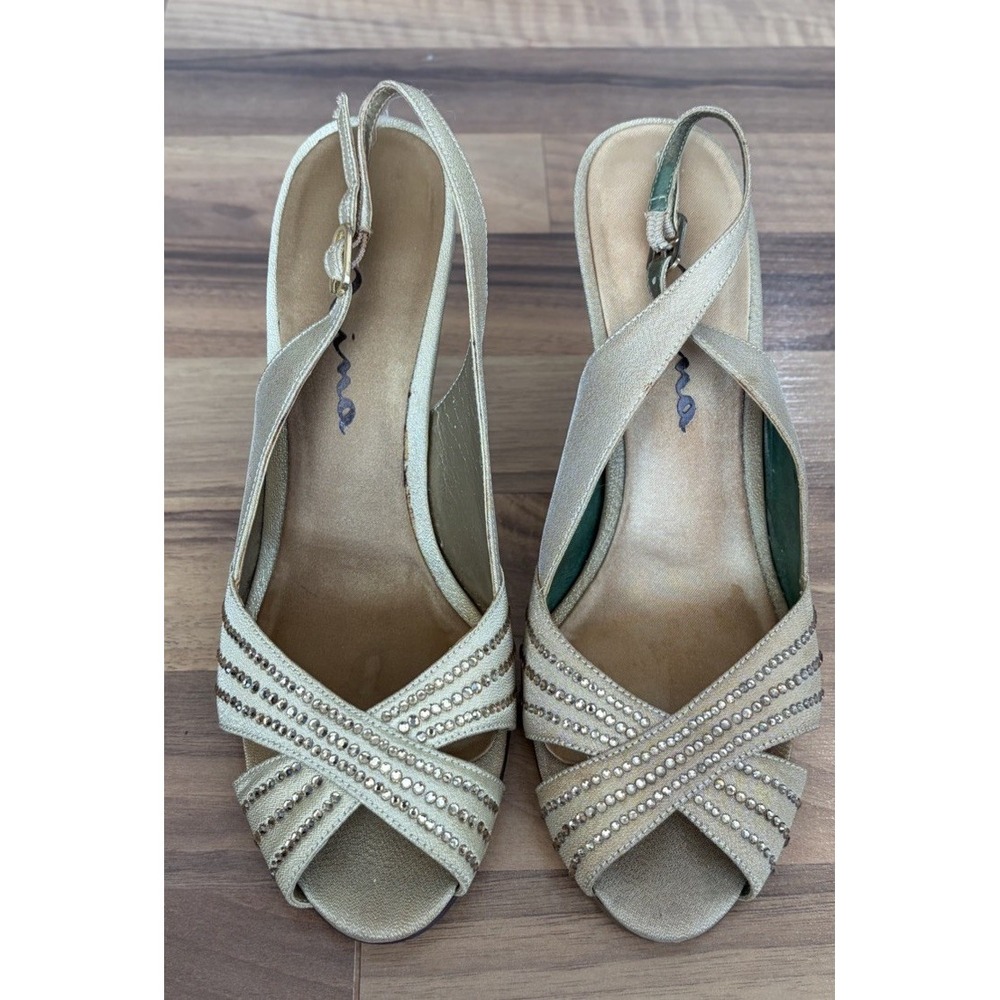 Womens Nina Gold Metallic Rhinestone Slingback Heels Peep-Toe Shoes Size 7 Party